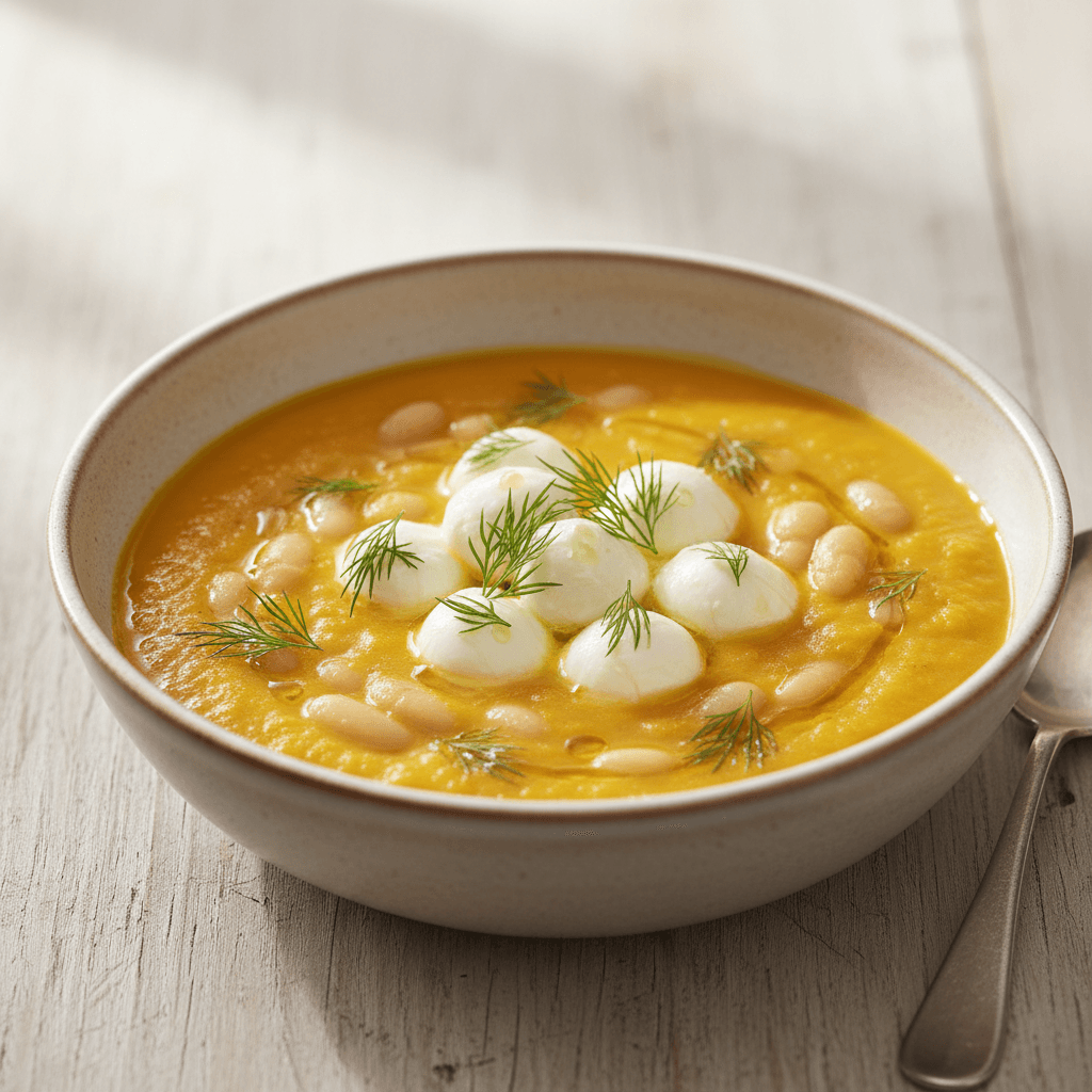 Zuppa di Zucca e Fagioli con Bocconcini – Samtige Kürbis-Bohnen-Suppe mit Mozzarella-Dill-Topping - Thermomix Rezept