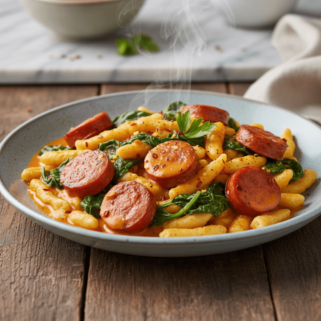 Salchicha con Espinacas y Spätzle - Thermomix Rezept