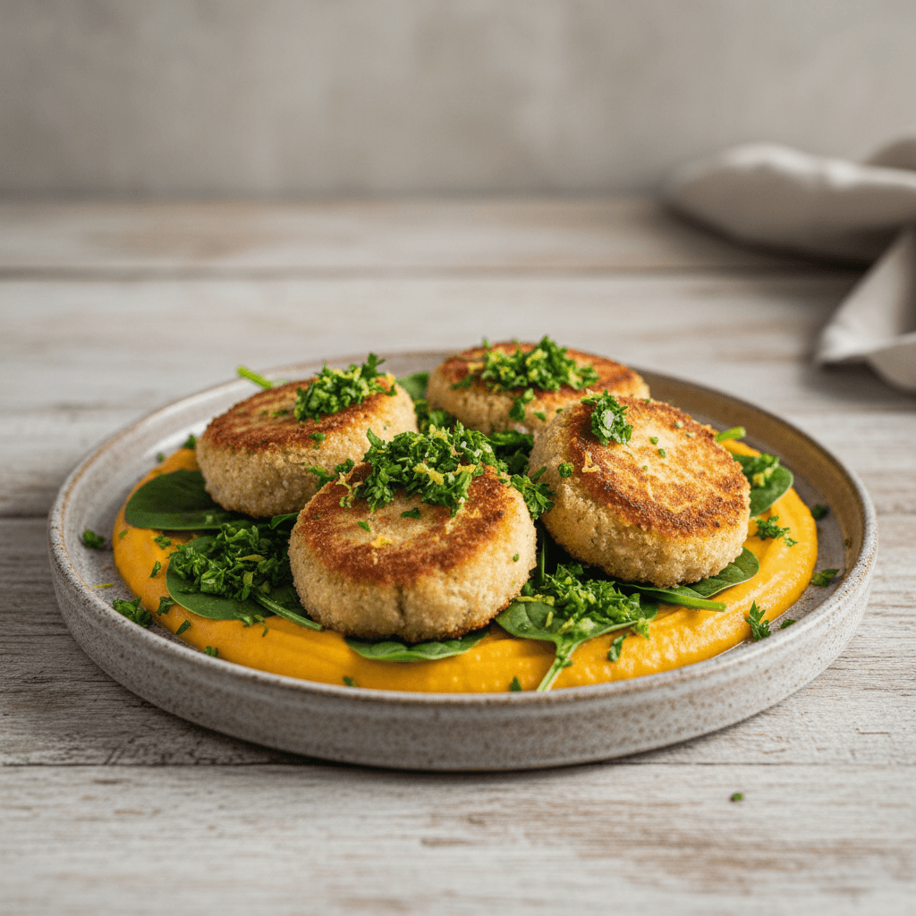 Polpette di Salmone alla Primavera – Italienische Lachsbällchen mit Karotten-Kartoffel-Crema und Spinat-Gremolata - Thermomix Rezept