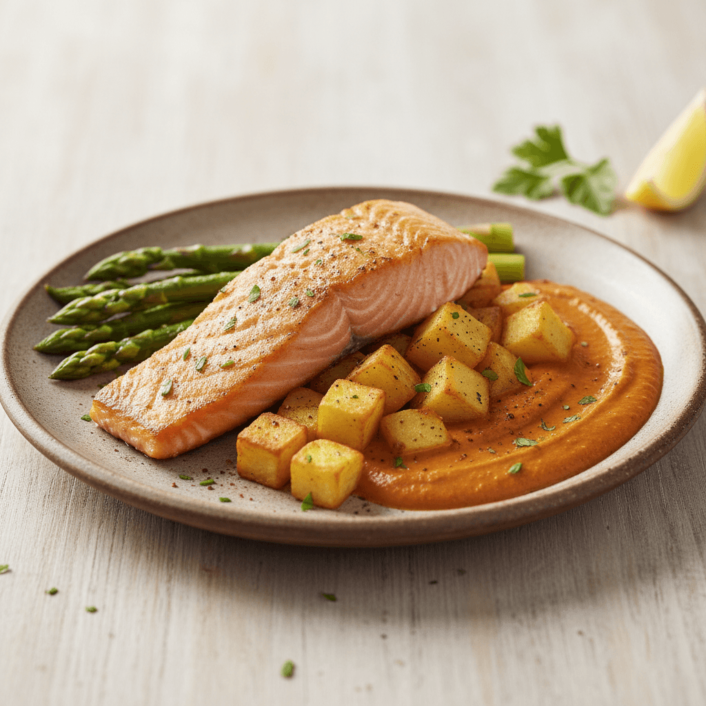 Lachs mit Spargel-Patatas Bravas - Thermomix Rezept