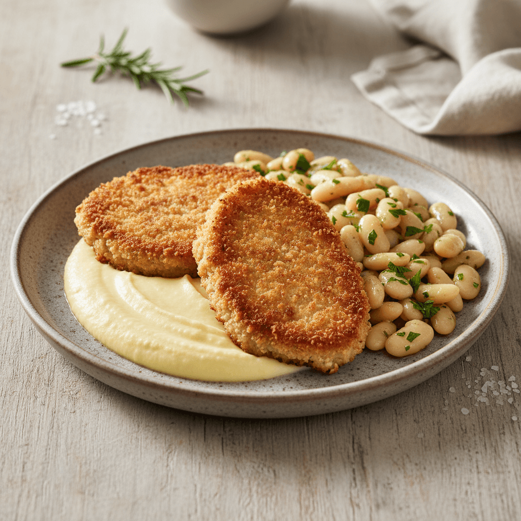 Schwäbische Dinkel-Schweineschnitzel mit Blumenkohl-Emmentaler-Püree und weißen Bohnen - Thermomix Rezept