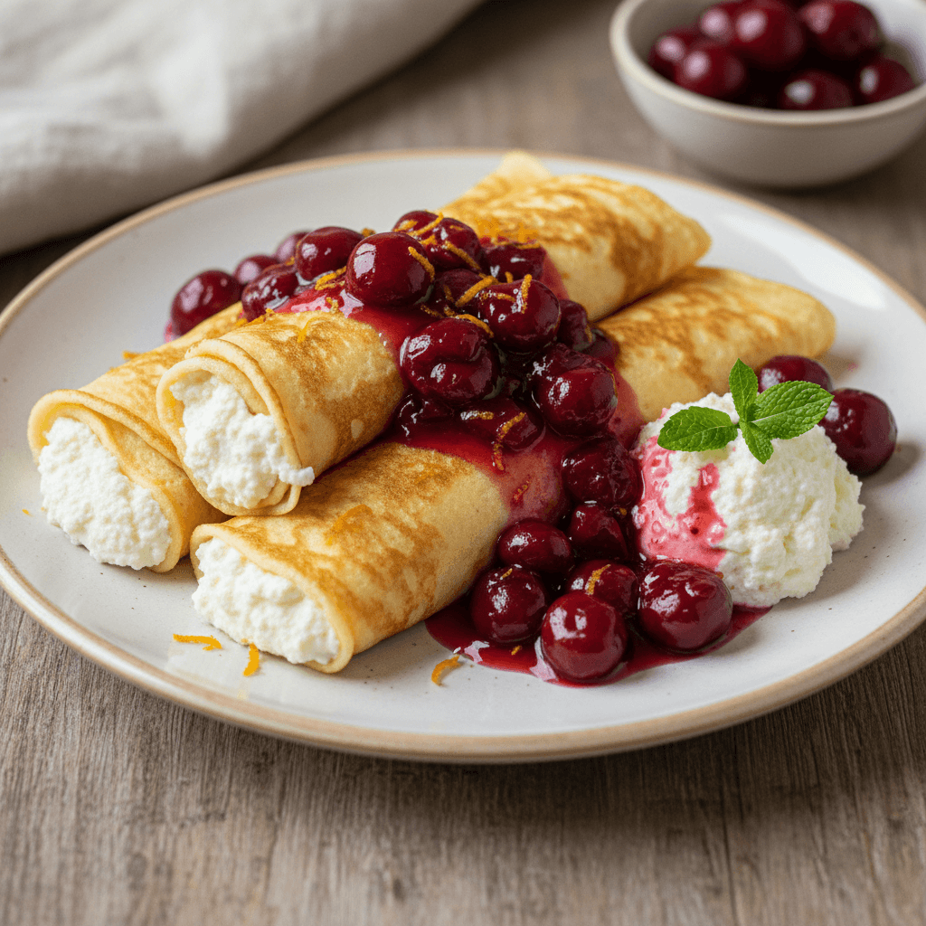 Polnische Kirsch-Naleśniki mit Orangen-Vanille-Quark und warmer Kirschsauce - Thermomix Rezept