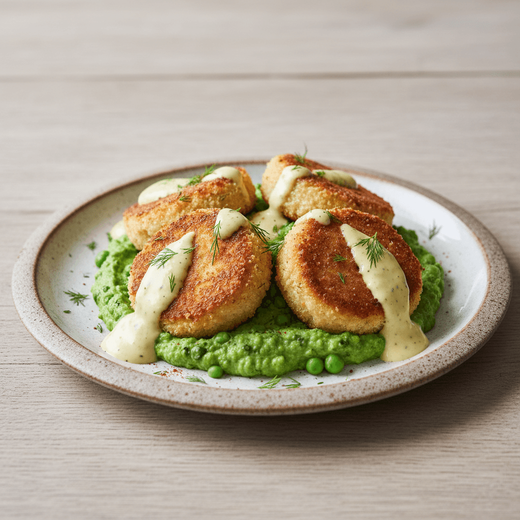 Skandinavisk Kyllingfrikadeller – Dänische Hühnchen-Frikadeller mit Brokkoli-Erbsen-Smør und Dill-Senfcreme - Thermomix Rezept
