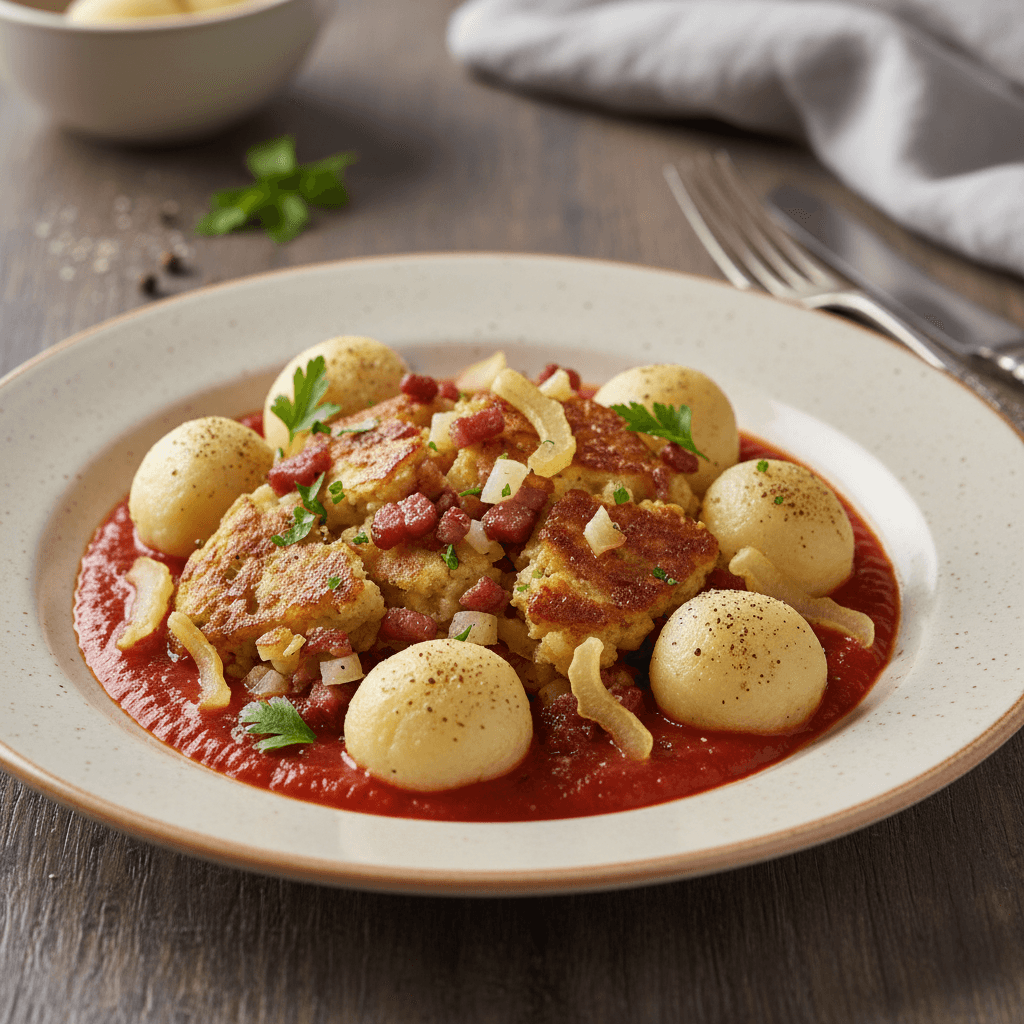 Schwäbischer Speck-Sellerie-Schmarrn mit Knoblauch-Tomatenmark-Jus und Kartoffelstärke-Klößchen - Thermomix Rezept