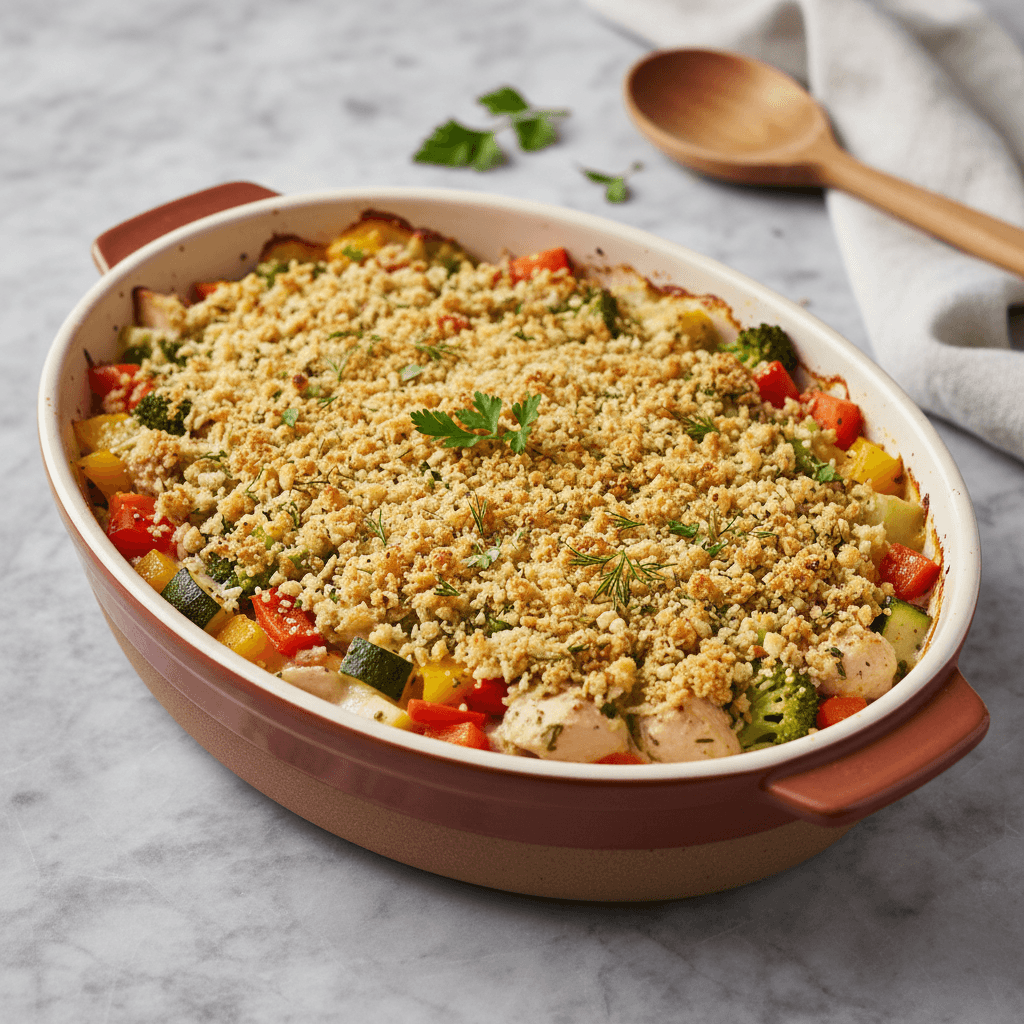 Hähnchen-Gemüse-Auflauf mit knuspriger Kräuter-Semmelbrösel-Haube - Thermomix Rezept