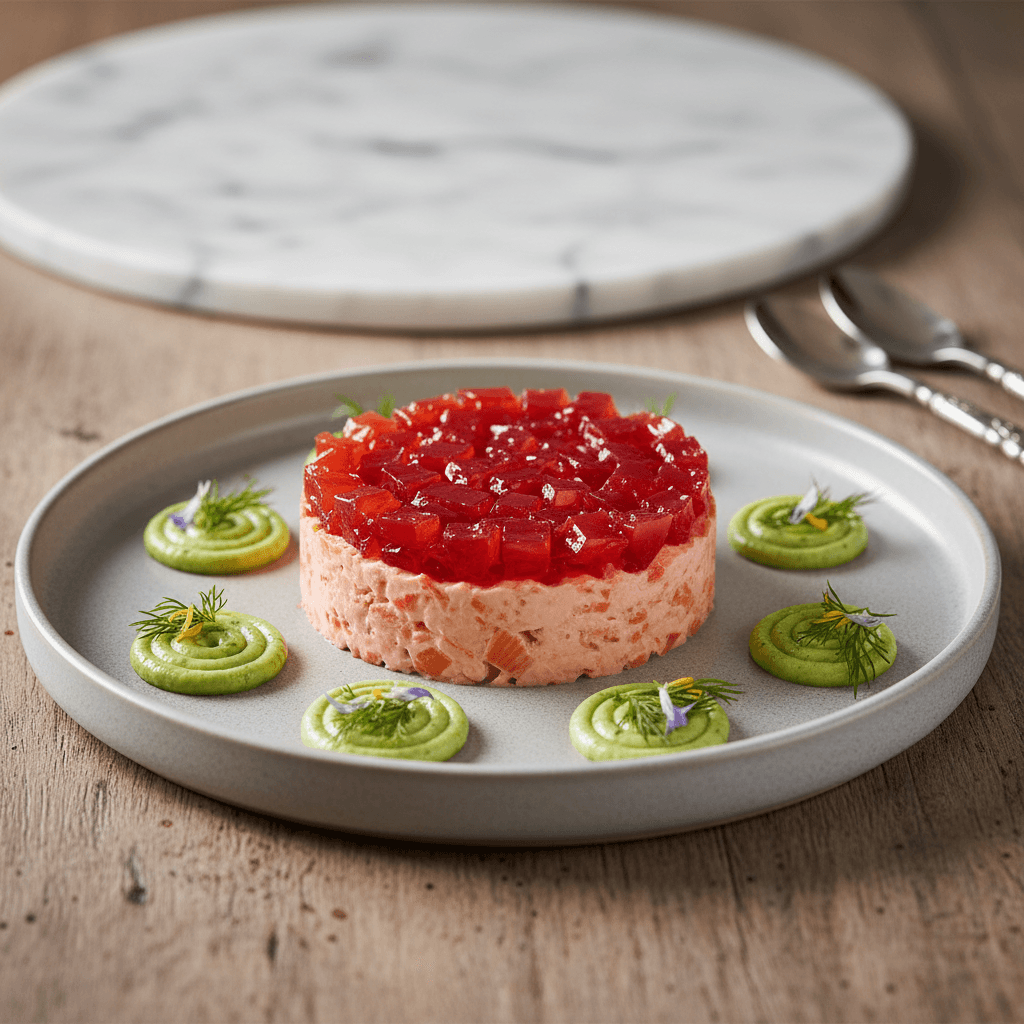 Ukrainischer Lachsforellen-Forshmak mit Honig-Tomaten-Gelée und Gurken-Kräuter-Creme - Thermomix Rezept