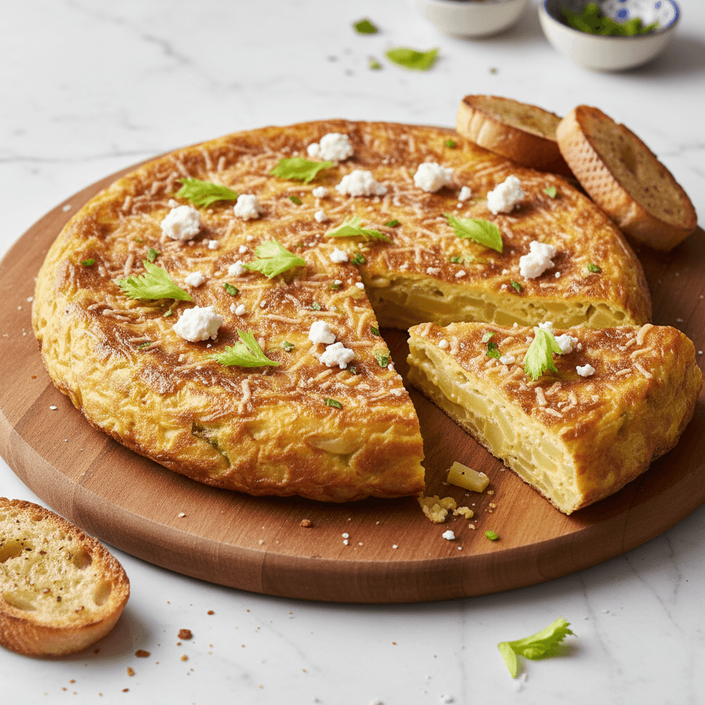Tortilla de Patatas con Apio y Feta – Spanische Kartoffel-Sellerie-Tortilla mit Feta-Kruste und geröstetem Knoblauch-Toastbrot - Thermomix Rezept