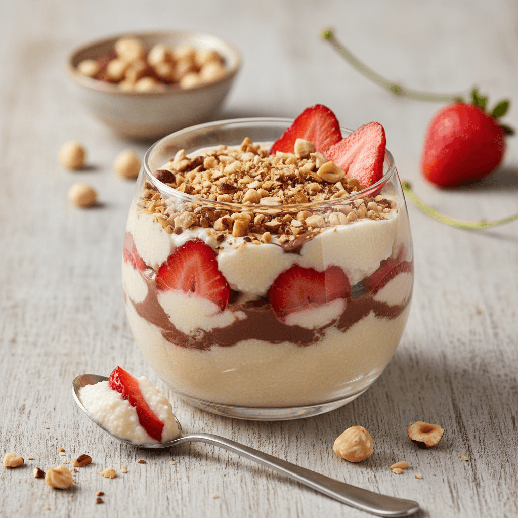 Sizilianische Erdbeer-Grieß-Creme mit gerösteten Haselnüssen und Kakao-Quark-Swirl - Thermomix Rezept