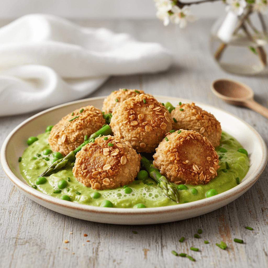 Boulettes de Porc Printanières – Französische Hackbällchen mit Spargel-Erbsen-Jus und Haferkruste - Thermomix Rezept