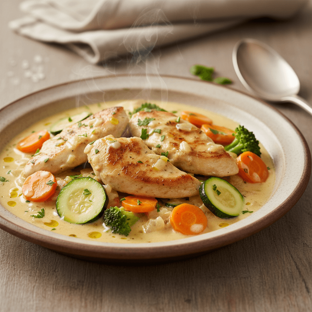 Cremige Hähnchenbrust mit saisonalem Gemüse – Familienklassiker aus dem Mixtopf - Thermomix Rezept