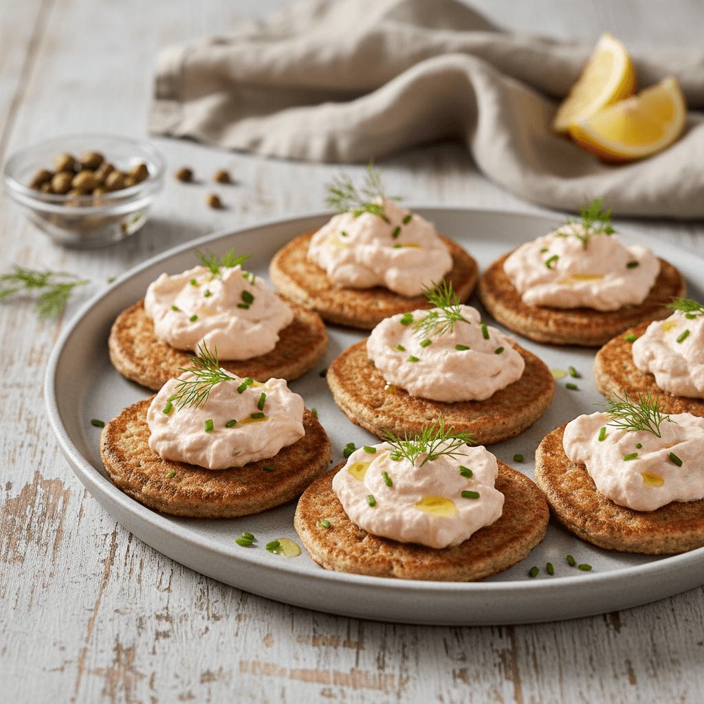 Lachsmousse auf Vollkorn-Blinis – cremiger Familien-Fingerfood aus dem Mixtopf - Thermomix Rezept