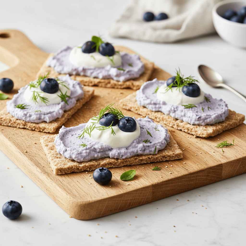Nordische Blaubeer-Frischkäse-Smørrebrød-Creme mit Havreknäckebrot und Sauerrahm-Dill-Topping - Thermomix Rezept