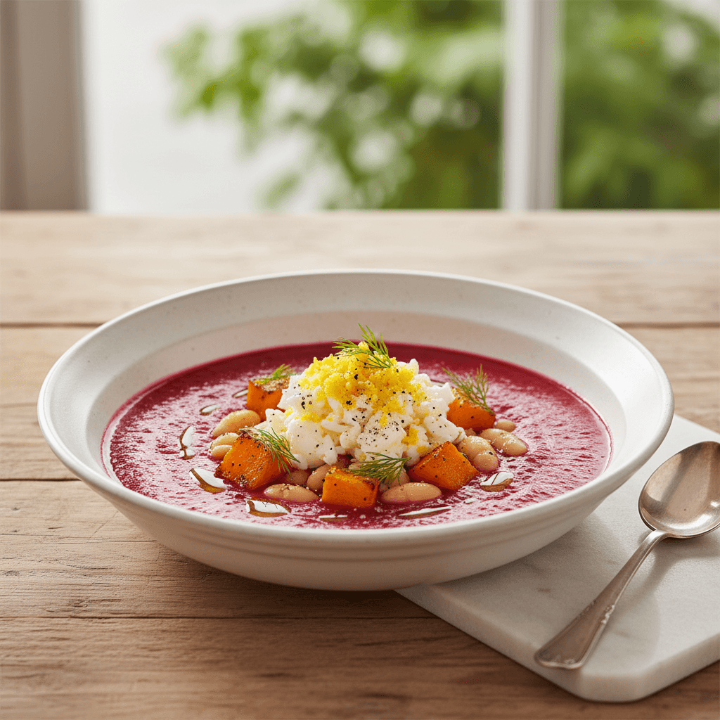 Gazpacho de Remolacha con Huevo Mimosa – Spanische Rote-Bete-Kaltsuppe mit Tomaten-Kürbis-Einlage und Dill-Mimosa-Ei - Thermomix Rezept