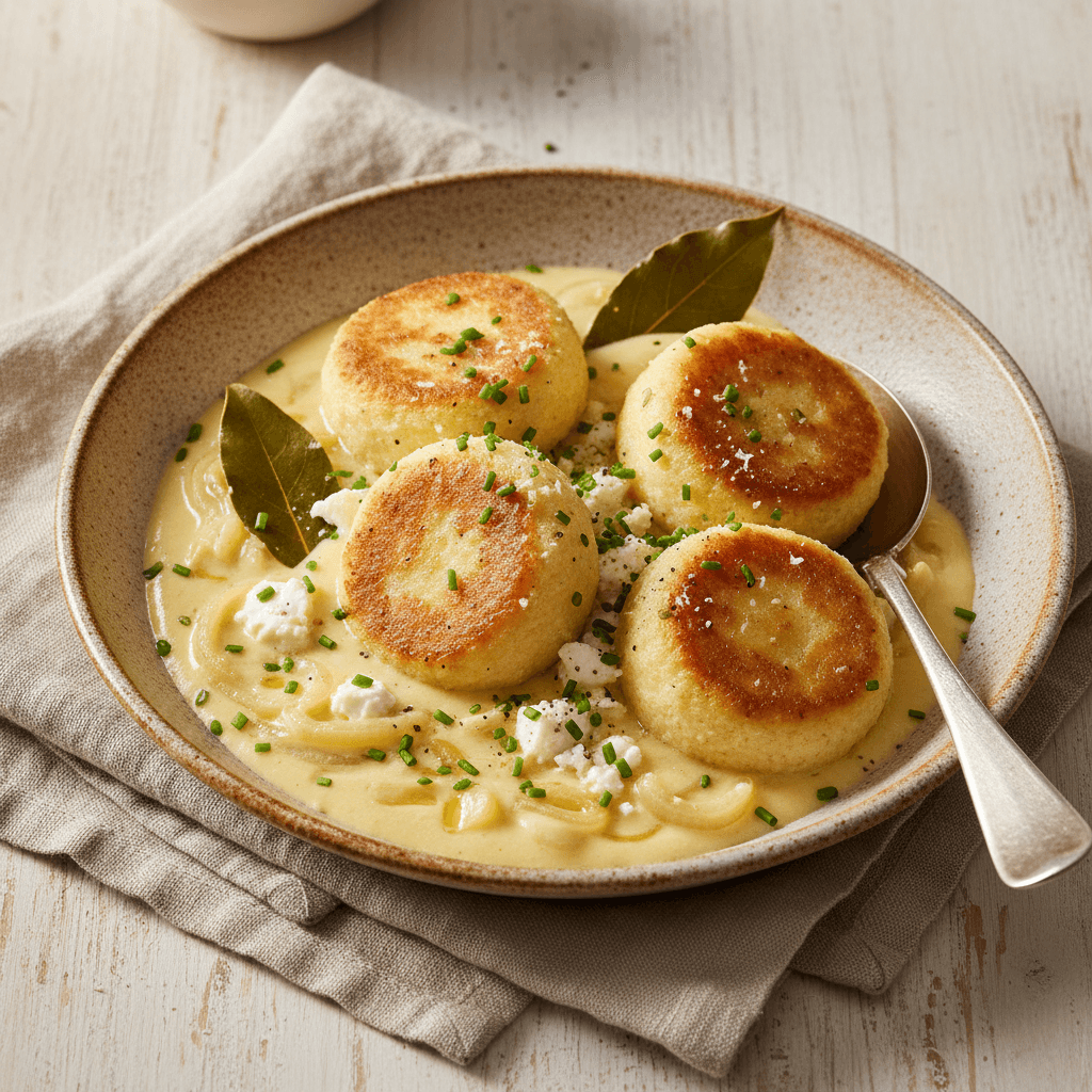 Grießknödel mit Feta-Zwiebelsoße - Thermomix Rezept