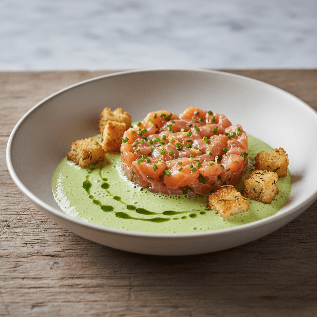 Wiener Lachstatar auf Erbsen-Gurken-Schaum mit Rosmarin-Croutons - Thermomix Rezept