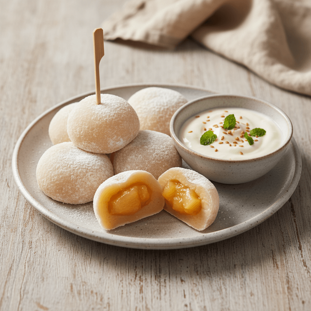 Pfirsich-Birnen-Mochi mit Joghurtdip - Thermomix Rezept