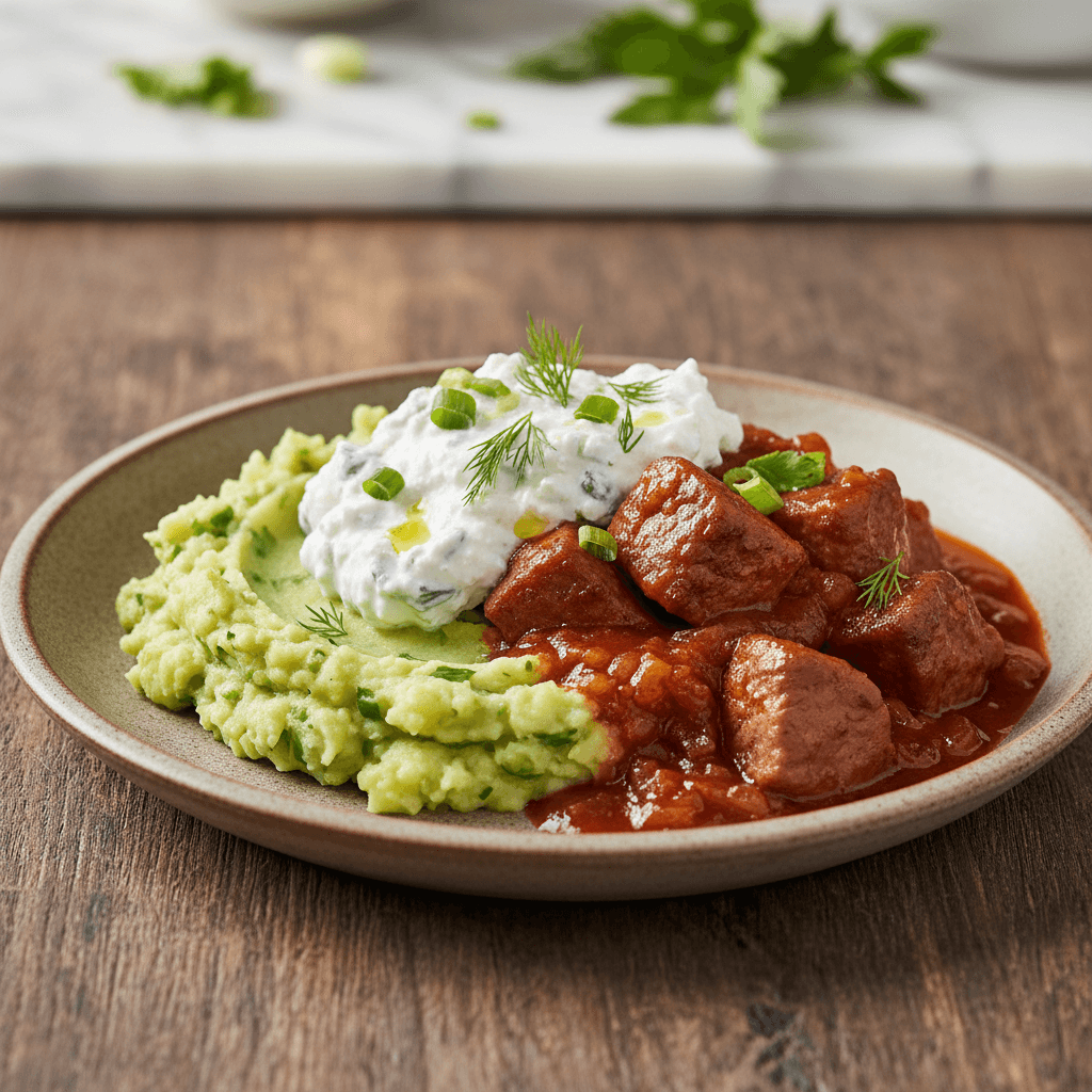 Griechisches Schweinefleisch-Stifado mit Kohlrabi-Kartoffelstampf und Quark-Kräuter-Tzatziki - Thermomix Rezept