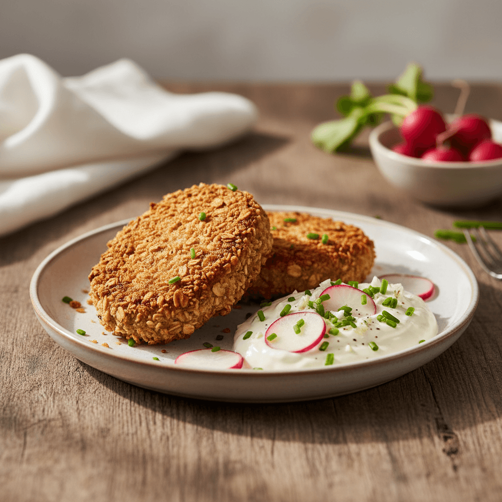 Leberkäse-Hafer-Schnitzel mit Frischkäsedip - Thermomix Rezept