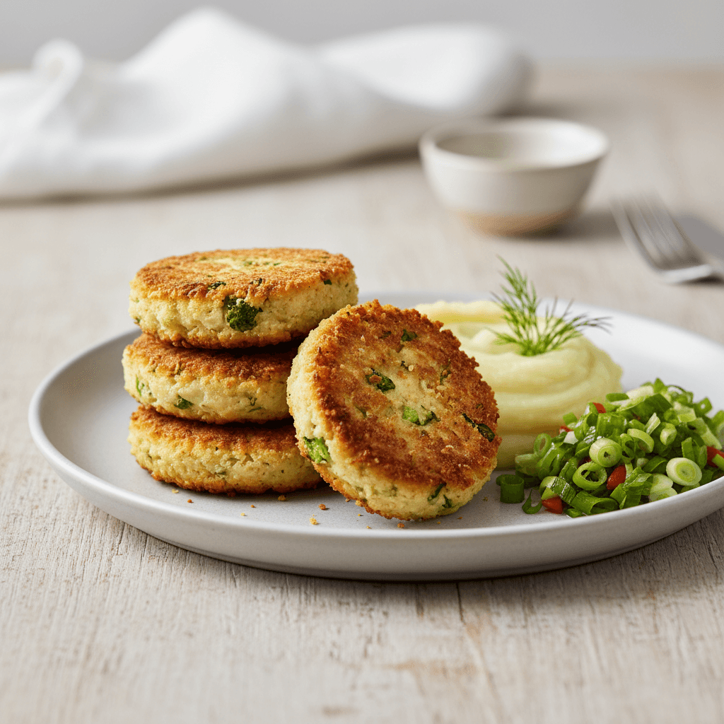 British Broccoli & Tofu Fishcakes – Knusprige Brokkoli-Tofu-Frikadellen mit Dill-Kartoffelcreme und Frühlingszwiebel-Relish - Thermomix Rezept