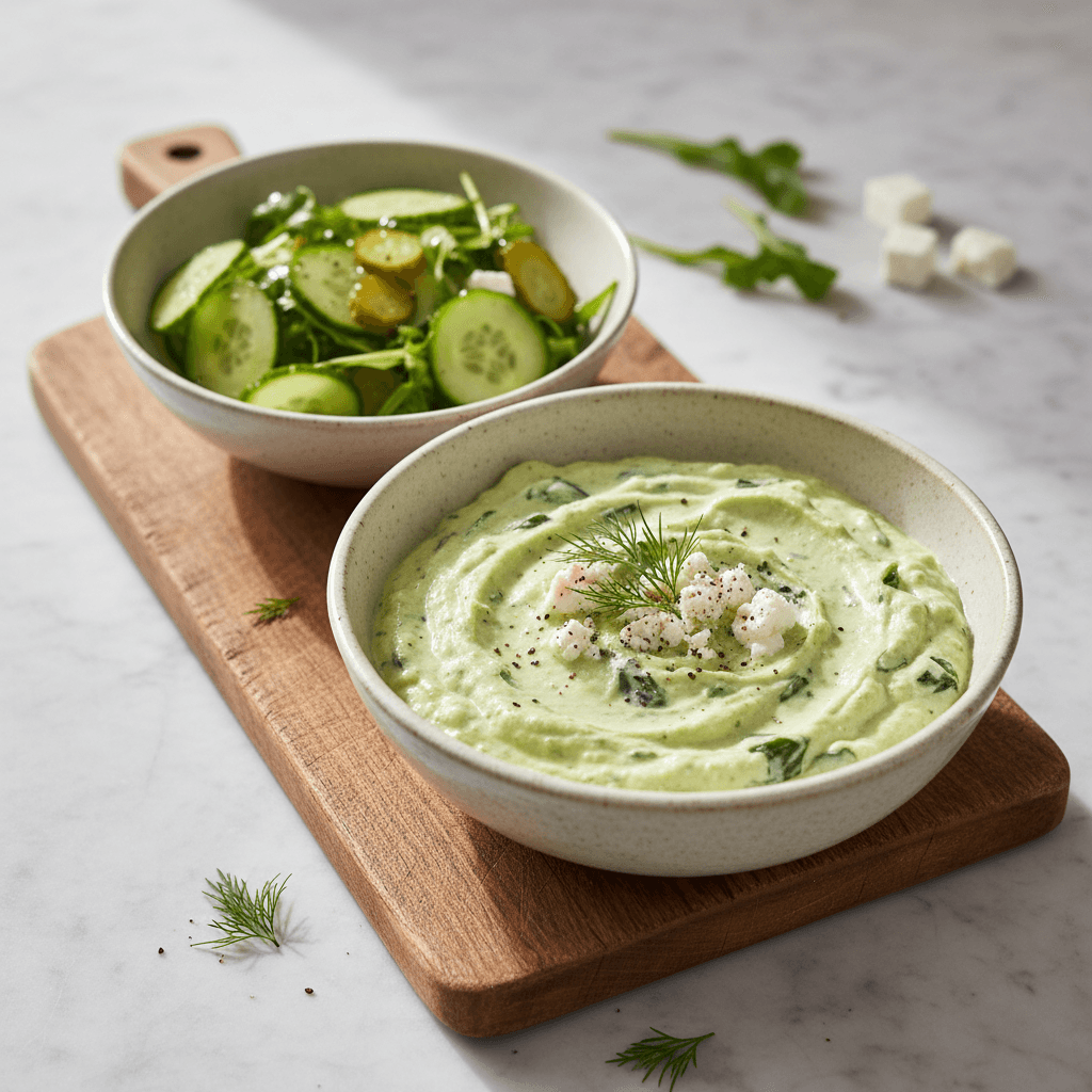 Österreichischer Feta-Mangold-Aufstrich mit Rucola-Gurken-Salat - Thermomix Rezept