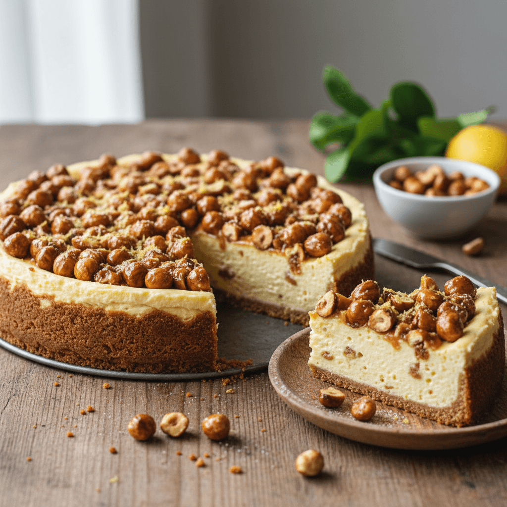 Schwäbischer Dinkel-Haselnuss-Käsekuchen mit Zitronen-Vanille-Creme und karamellisierten Nüssen - Thermomix Rezept