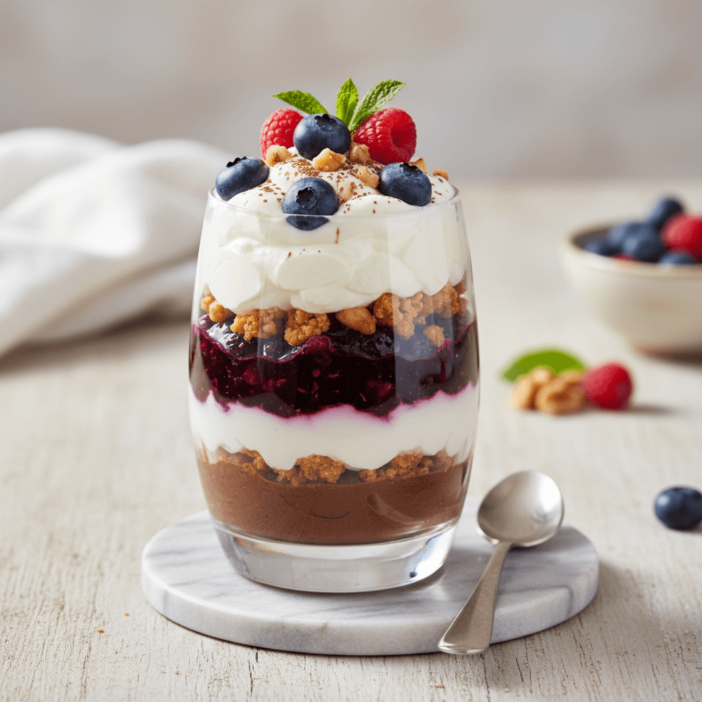 Griechischer Joghurt-Parfait mit Blaubeer-Kompott, Walnuss-Haferkrokant und Kakao-Mascarpone - Thermomix Rezept