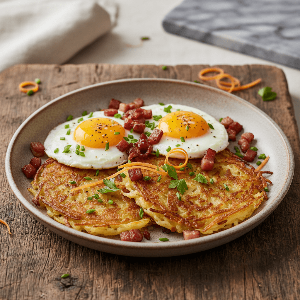 Tiroler Erdäpfelrösti mit Speckei - Thermomix Rezept