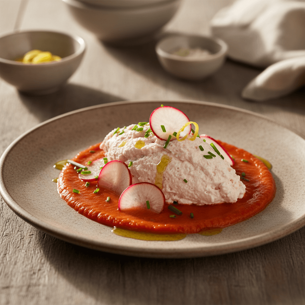 Forellen-Mousse alla Mediterranea mit Paprika-Coulis und knackigen Radieschen - Thermomix Rezept