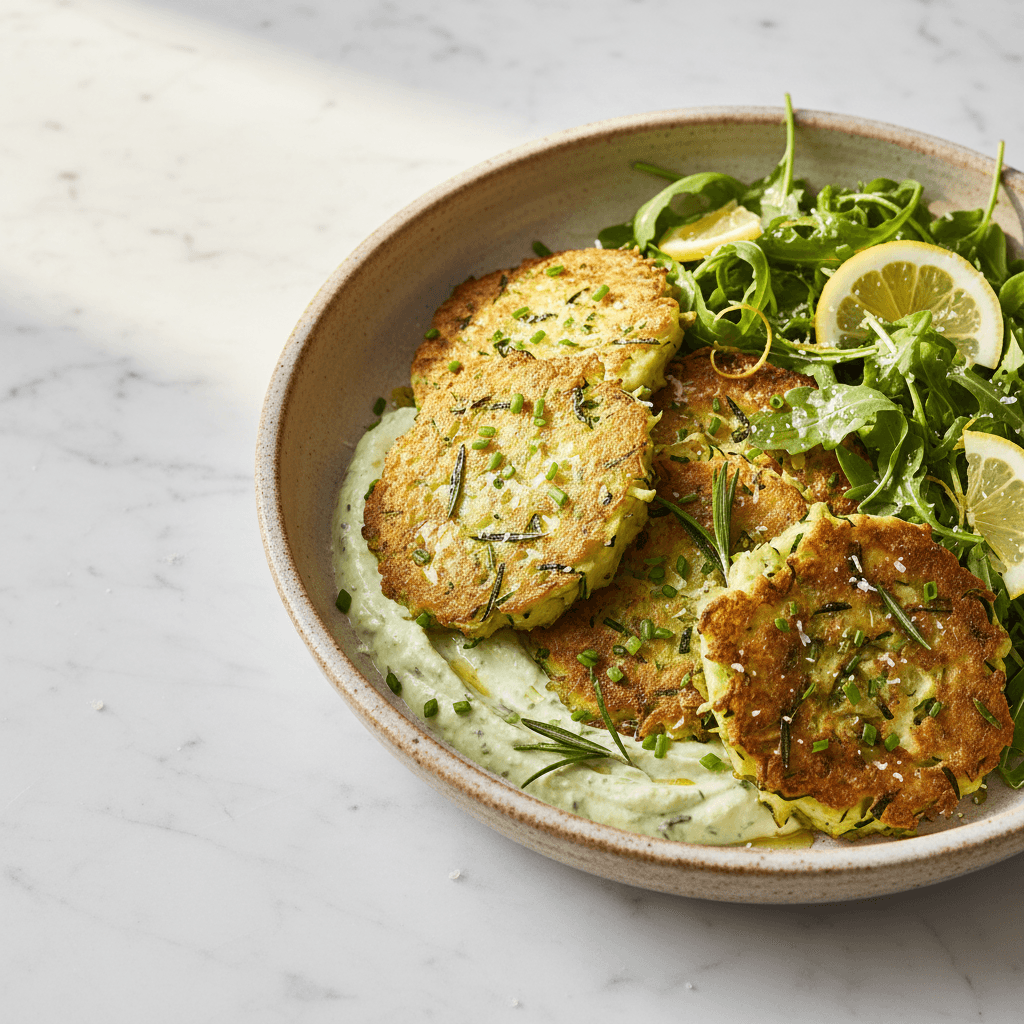 Frittelle di Zucchine al Forno – Gebackene Zucchini-Kräuterfladen mit Rucola-Zitronen-Salat und Rosmarin-Frischkäsecreme - Thermomix Rezept