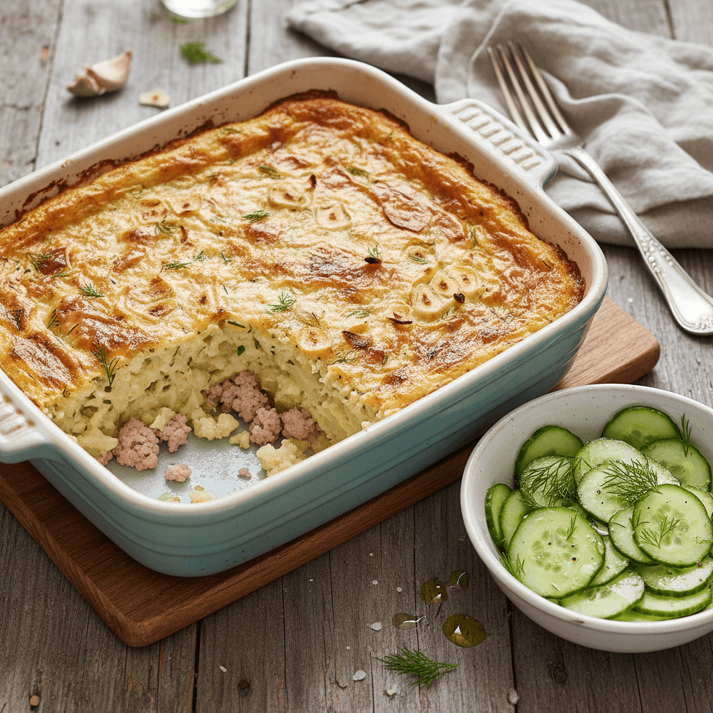 Schwäbischer Blumenkohl-Fleischkuchen mit Topfen-Knoblauch-Kruste und Gurken-Dill-Salat - Thermomix Rezept