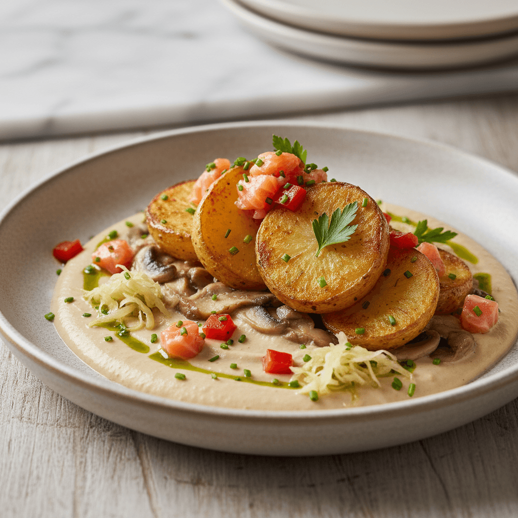 Patatas Bravas Orientali – Knusprige Kartoffel-Taler auf Champignon-Sellerie-Creme mit Lachs-Paprika-Tatar - Thermomix Rezept