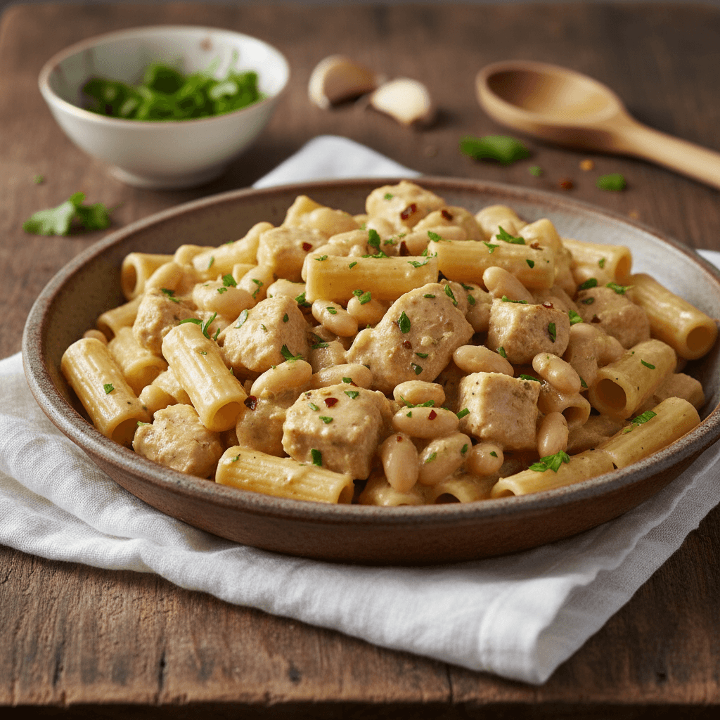 Hähnchen-Pasta mit weißen Bohnen in cremiger Knoblauch-Kräutersauce - Thermomix Rezept