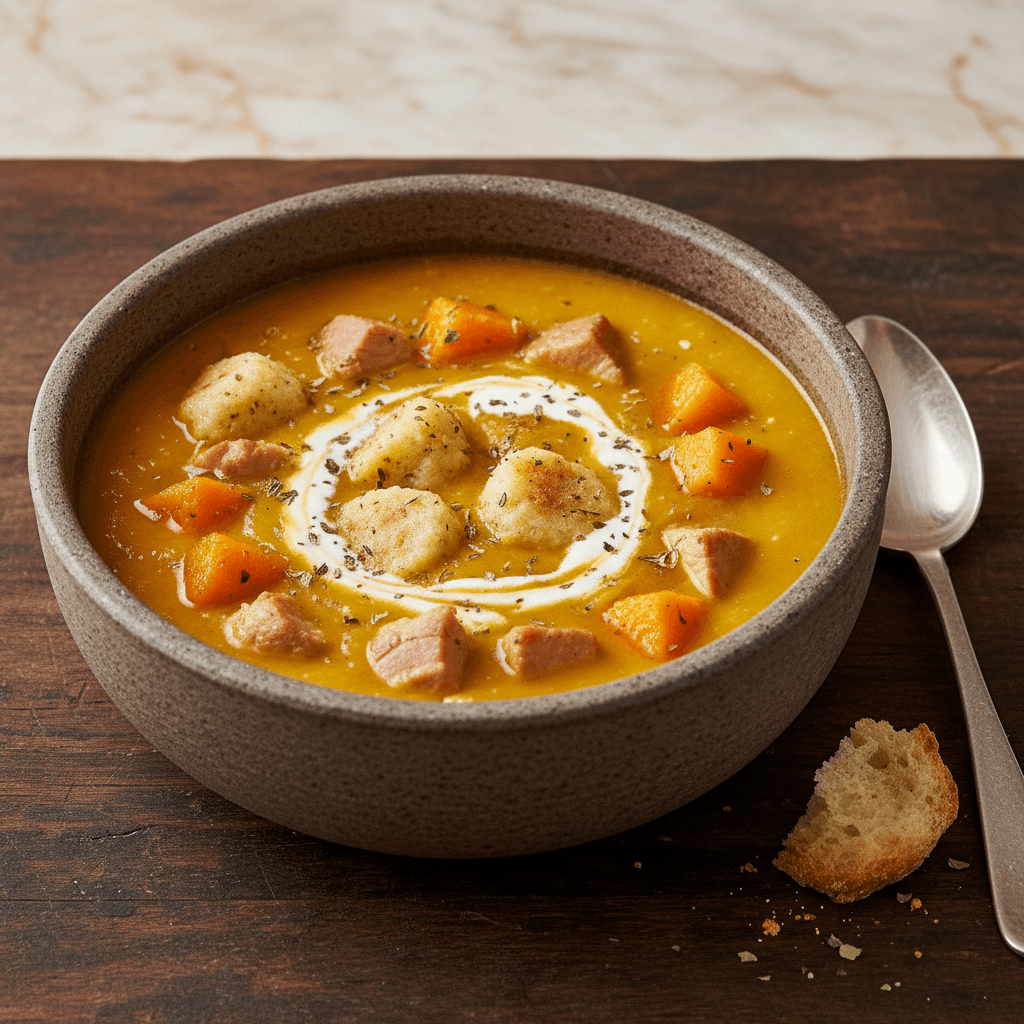 Bograč s Bundevom – Slowenischer Kassler-Kürbis-Eintopf mit Kartoffel-Semmel-Klößchen und Oregano-Sahne - Thermomix Rezept