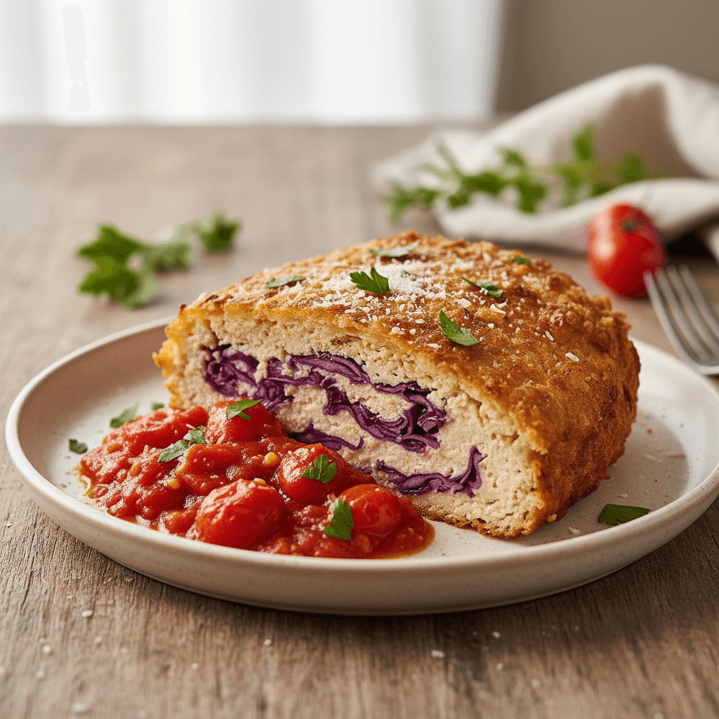 Polpettone di Tofu e Cavolo Rosso – Italienischer Tofu-Rotkohl-Braten mit Tomaten-Petersilien-Sugo und goldener Kartoffelstärke-Kruste - Thermomix Rezept