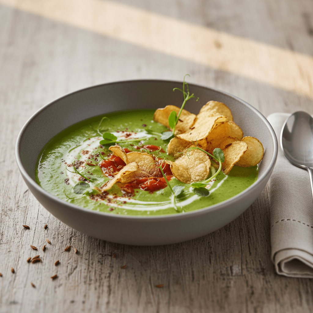 Frühlingshafte Paprika-Erbsen-Creme mit Kümmel-Kartoffelchips - Thermomix Rezept