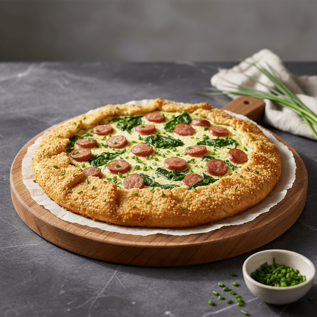 Französische Quiche-Galette mit Spinat, Wiener Würstchen und Schnittlauch-Quark - Thermomix Rezept