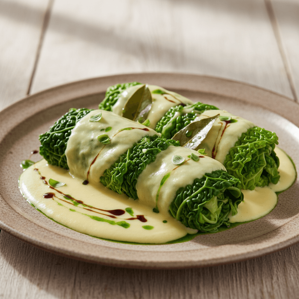 Lahanodolmades-Inspiration – Wirsing-Mangold-Röllchen mit Kartoffel-Sahne-Füllung und Balsamico-Basilikum-Öl - Thermomix Rezept