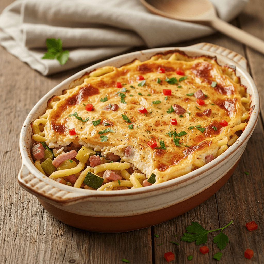 Schwäbischer Spätzle-Auflauf mit Speck-Sellerie-Ragout und Topfen-Paprika-Haube - Thermomix Rezept
