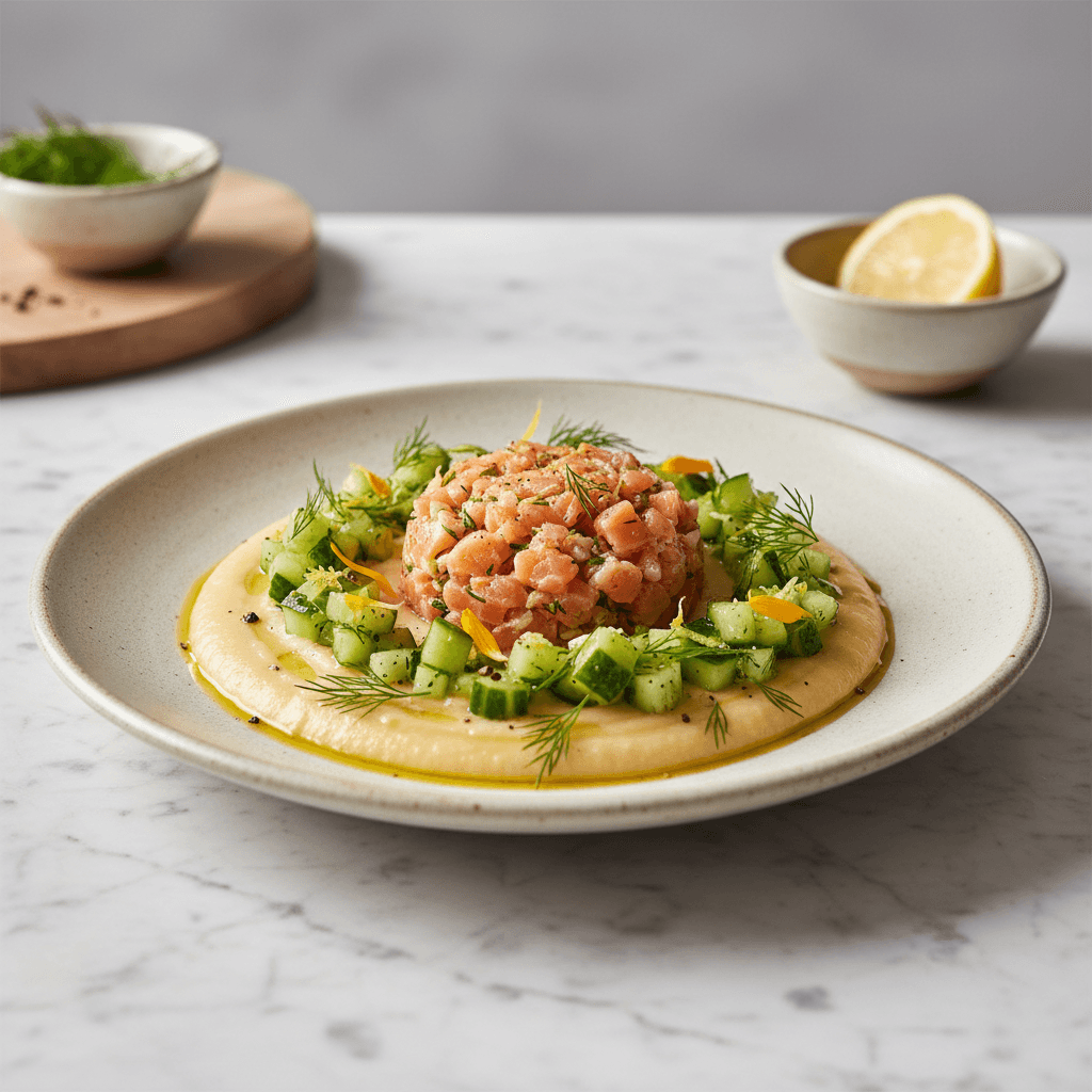 Provenzalische Weißbohnen-Creme mit Lachs-Tatar und Gurken-Relish - Thermomix Rezept