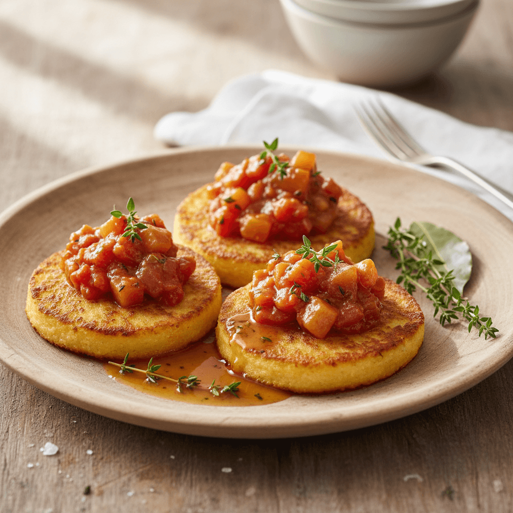 Galette de Polenta Provençale – Knusprige Polenta-Taler mit Kohlrabi-Tomate-Confit und Thymian-Jus - Thermomix Rezept