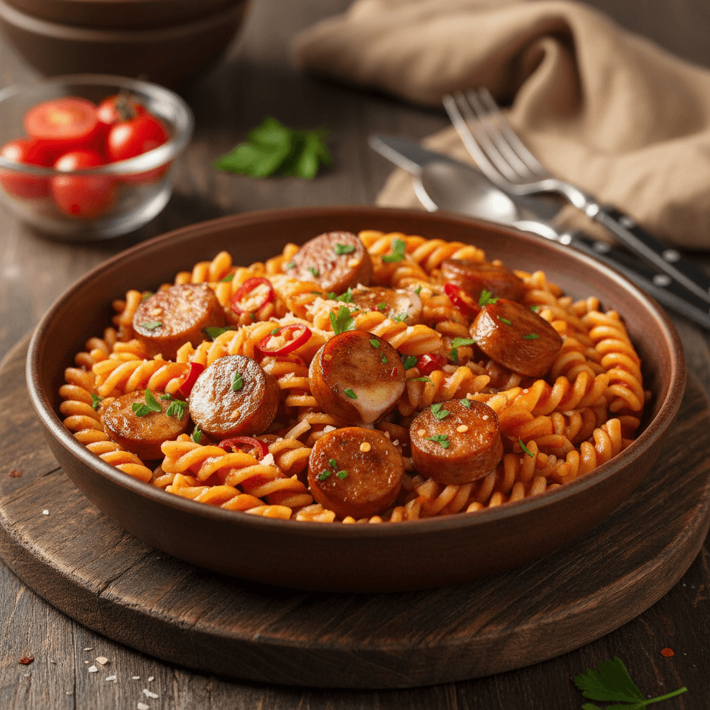 Würzige Bratwurst-Pasta mit Tomatensauce - Thermomix Rezept