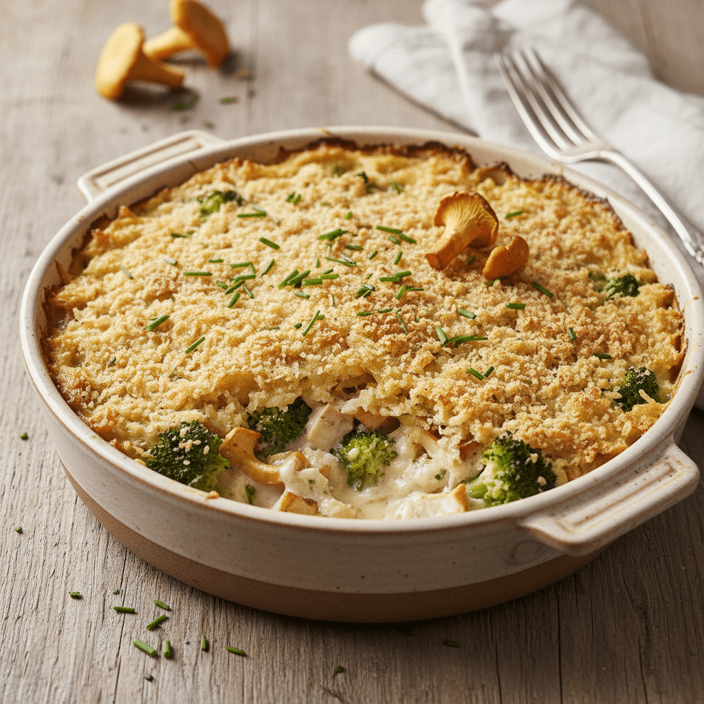 Gratin de Brocoli et Girolles au Tofu Soyeux – Französisches Brokkoli-Pfifferling-Gratin mit seidiger Tofu-Béchamel und knuspriger Kartoffelstärke-Kruste - Thermomix Rezept
