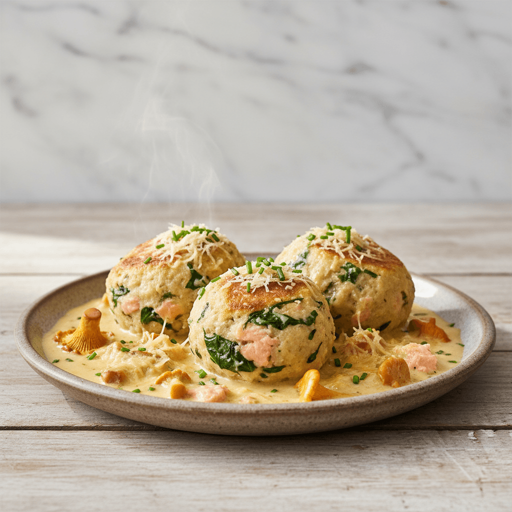 Lachs-Semmelknödel mit Pfifferlingen - Thermomix Rezept