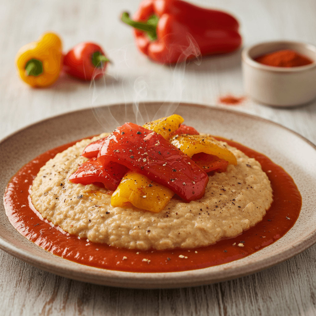 Polenta di Avena con Peperoni Arrostiti – Cremige Haferflocken-Polenta mit gerösteten Paprika und Paprika-Hühnerbrühe-Jus - Thermomix Rezept