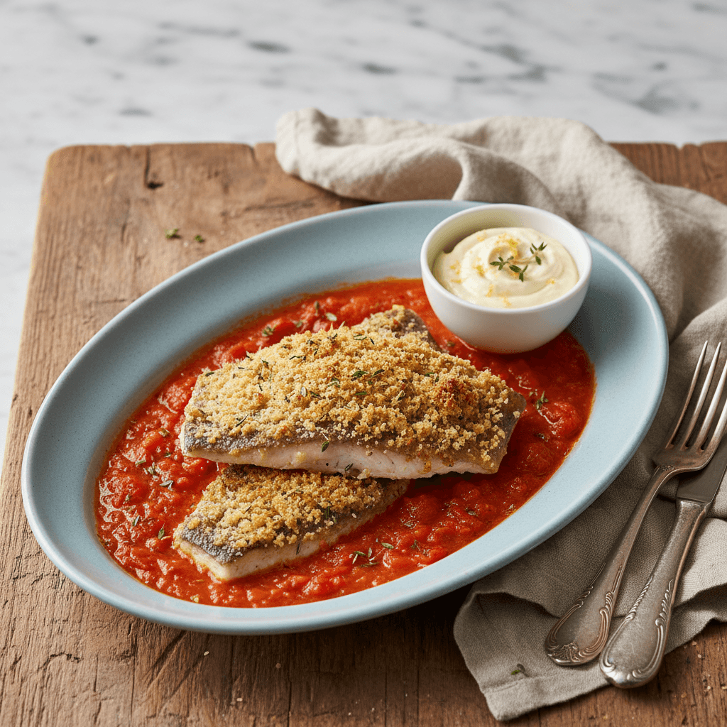 Trota alla Sorrentina – Italienische Forelle in würziger Tomaten-Thymian-Sauce mit Semmelkruste und Schmand-Citronen-Creme - Thermomix Rezept