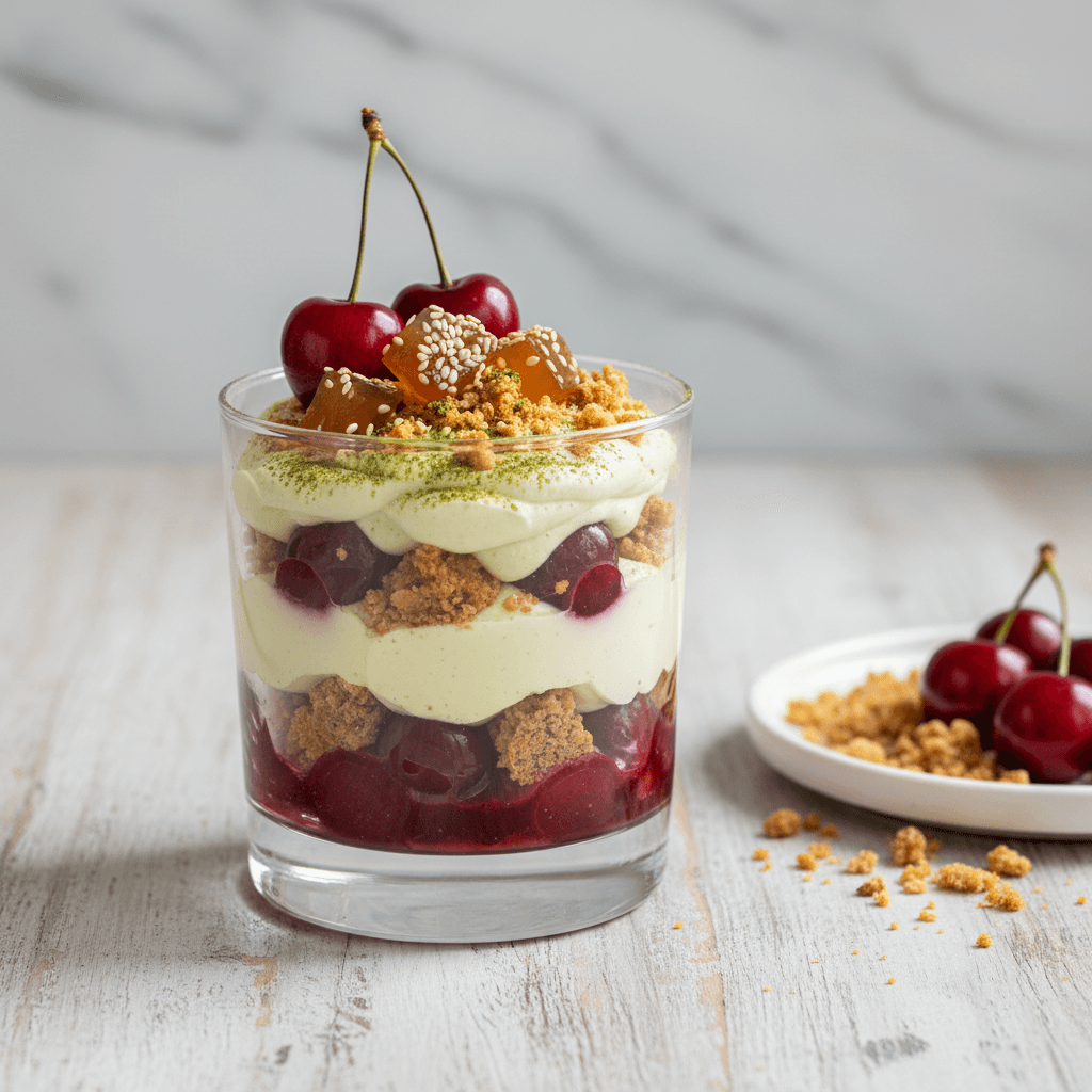 Matcha-Kirsch-Tiramisu mit Haferflocken-Sesam-Crumble und Apfel-Miso-Gelee - Thermomix Rezept