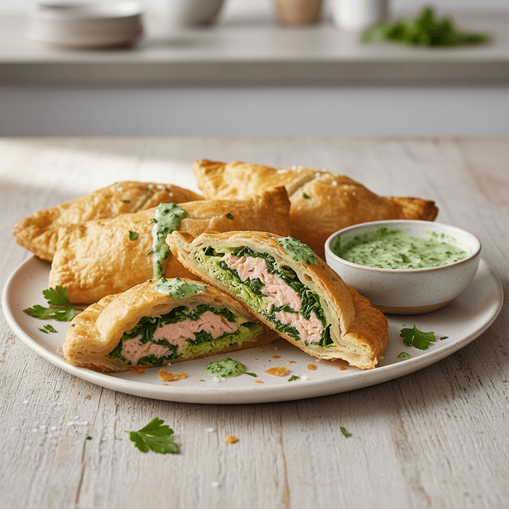 Empanadas de Espinacas y Salmón – Spanische Blätterteigtaschen mit Spinat-Lachs-Füllung und Petersilien-Alioli - Thermomix Rezept
