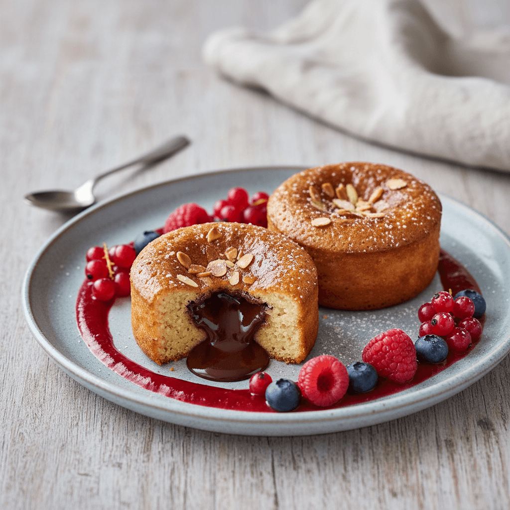 Tarte de Amêndoa e Mel com Coulis de Frutos Vermelhos – Portugiesische Mandelkuchen-Törtchen mit Honig-Schokoladen-Kern und Beerencoulis - Thermomix Rezept