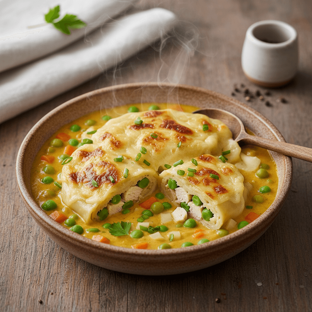 Schwäbische Hühnchen-Maultaschen-Füllung mit Erbsen-Karotten-Rahm und Bergkäse-Kruste - Thermomix Rezept