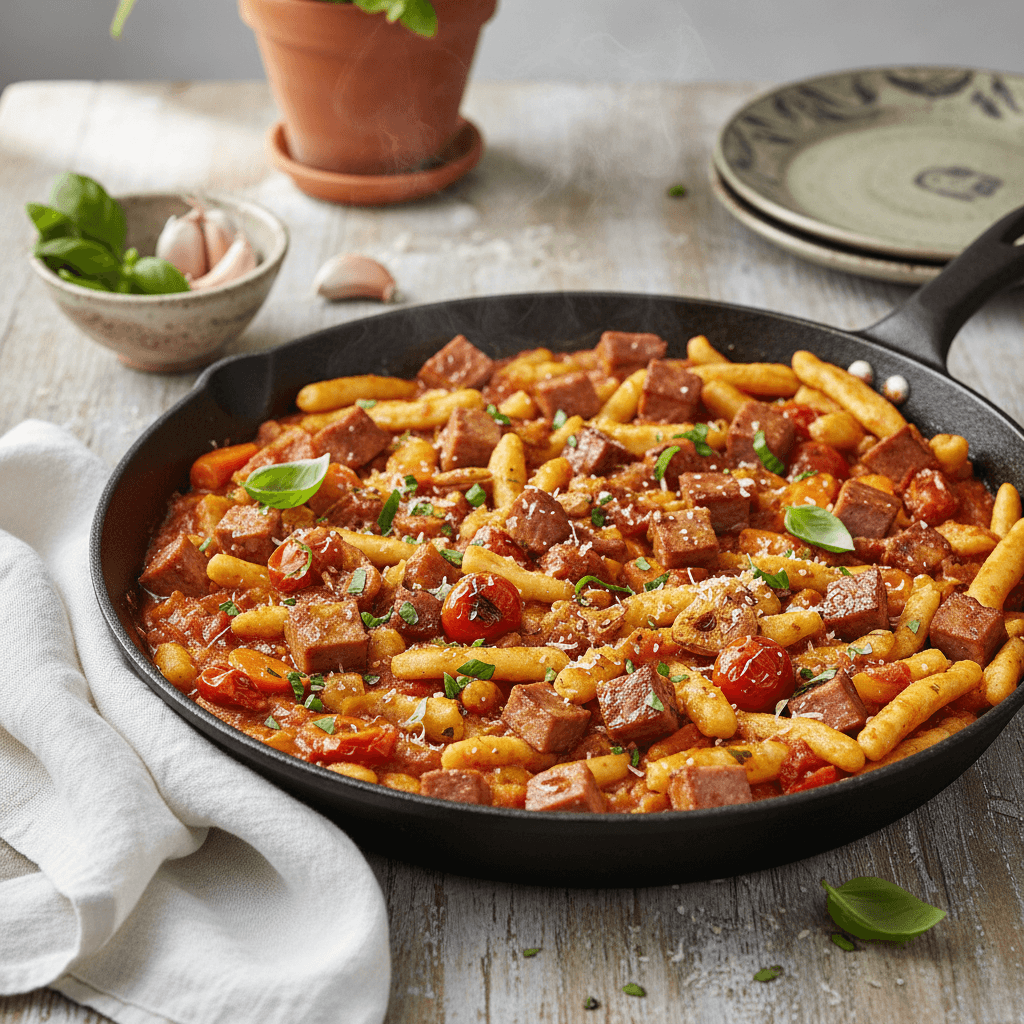 Mediterrane Leberkäse-Spätzle-Pfanne mit Karotten-Knoblauch-Ragout - Thermomix Rezept